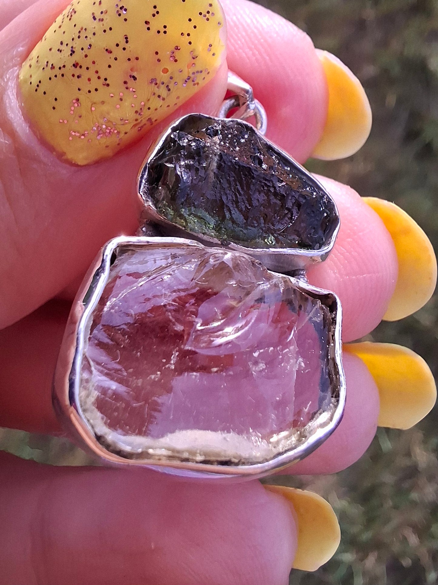 Moldavite & Libyan Desert Glass Pendant, 925 Silver, Tektite (Ref: MLP14)