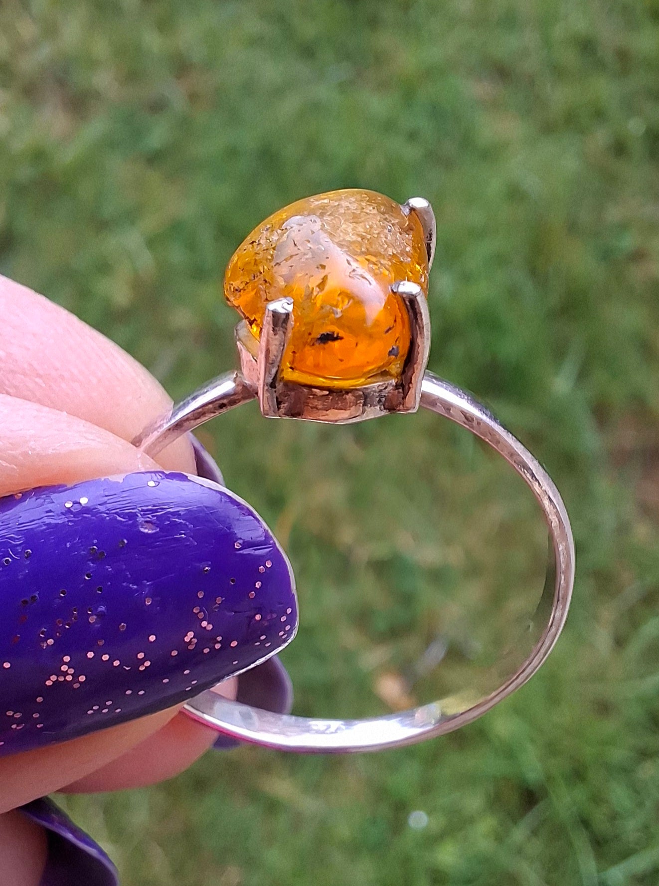 Baltic Amber Ring, size large Y, 925 Silver, Fossil (Ref: AR37)