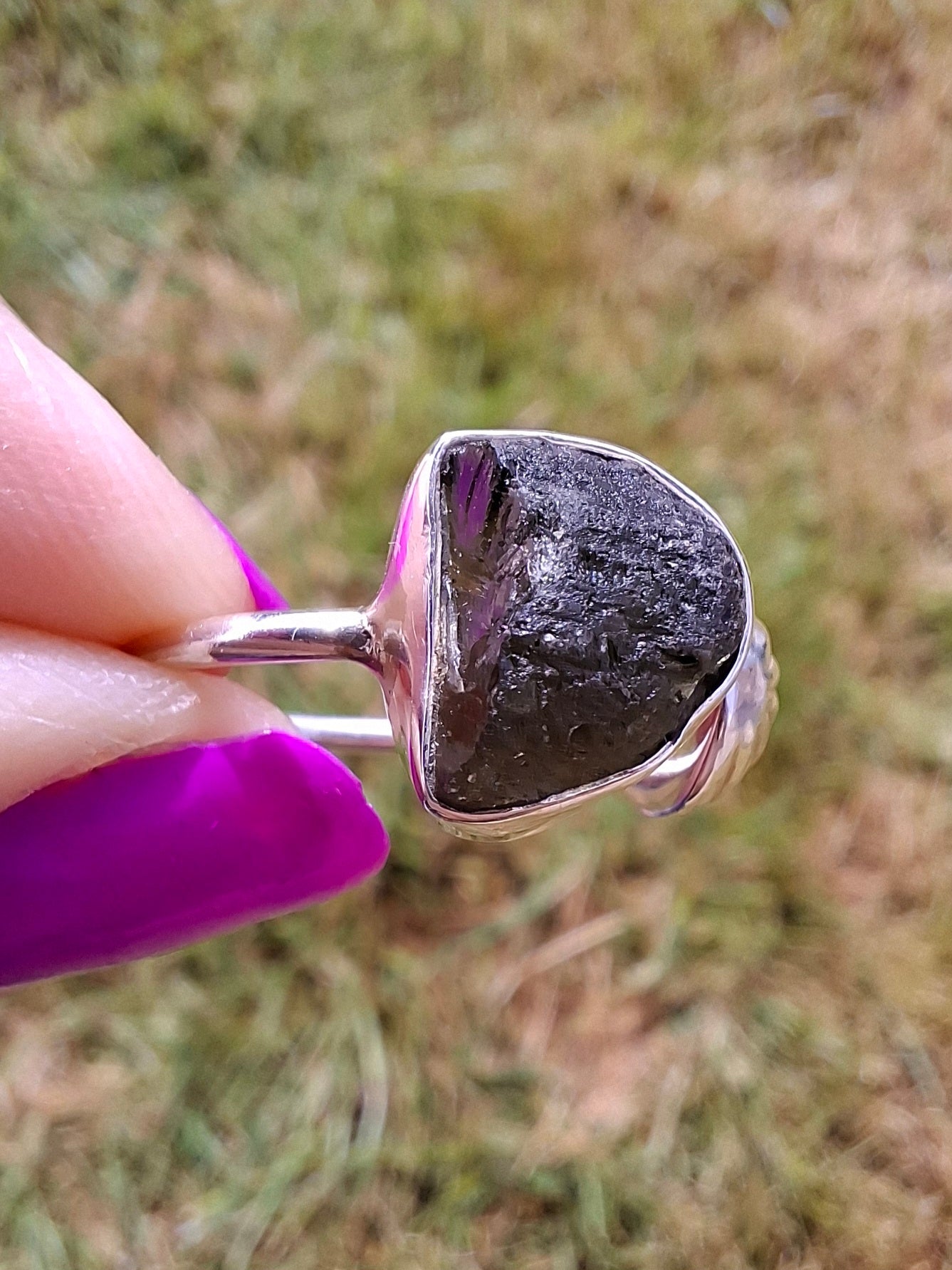 Moldavite ADJUSTABLE Ring, size large N, 925 Silver, Tektite (Ref: AR 39)