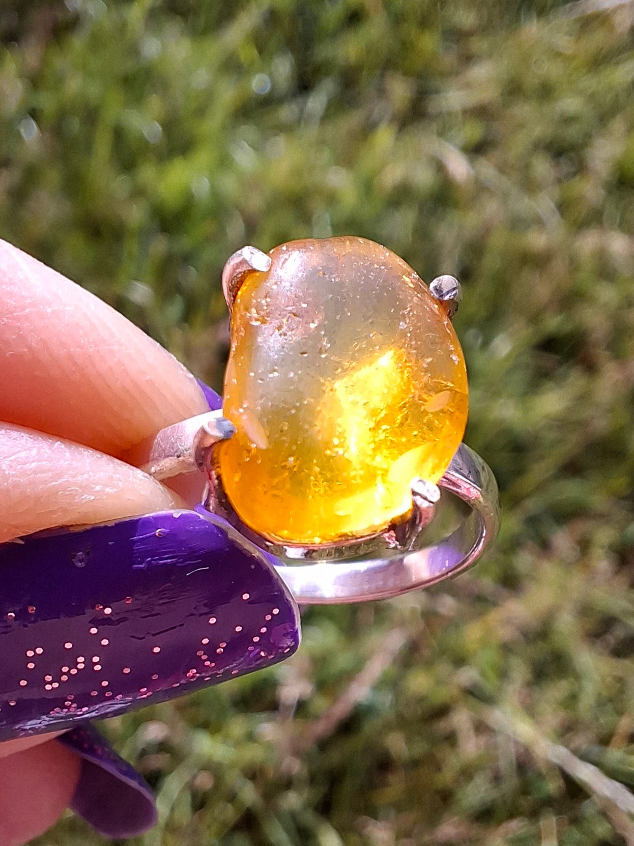 Baltic Amber Ring, size large K, 925 Silver, Fossil (Ref: AR31)