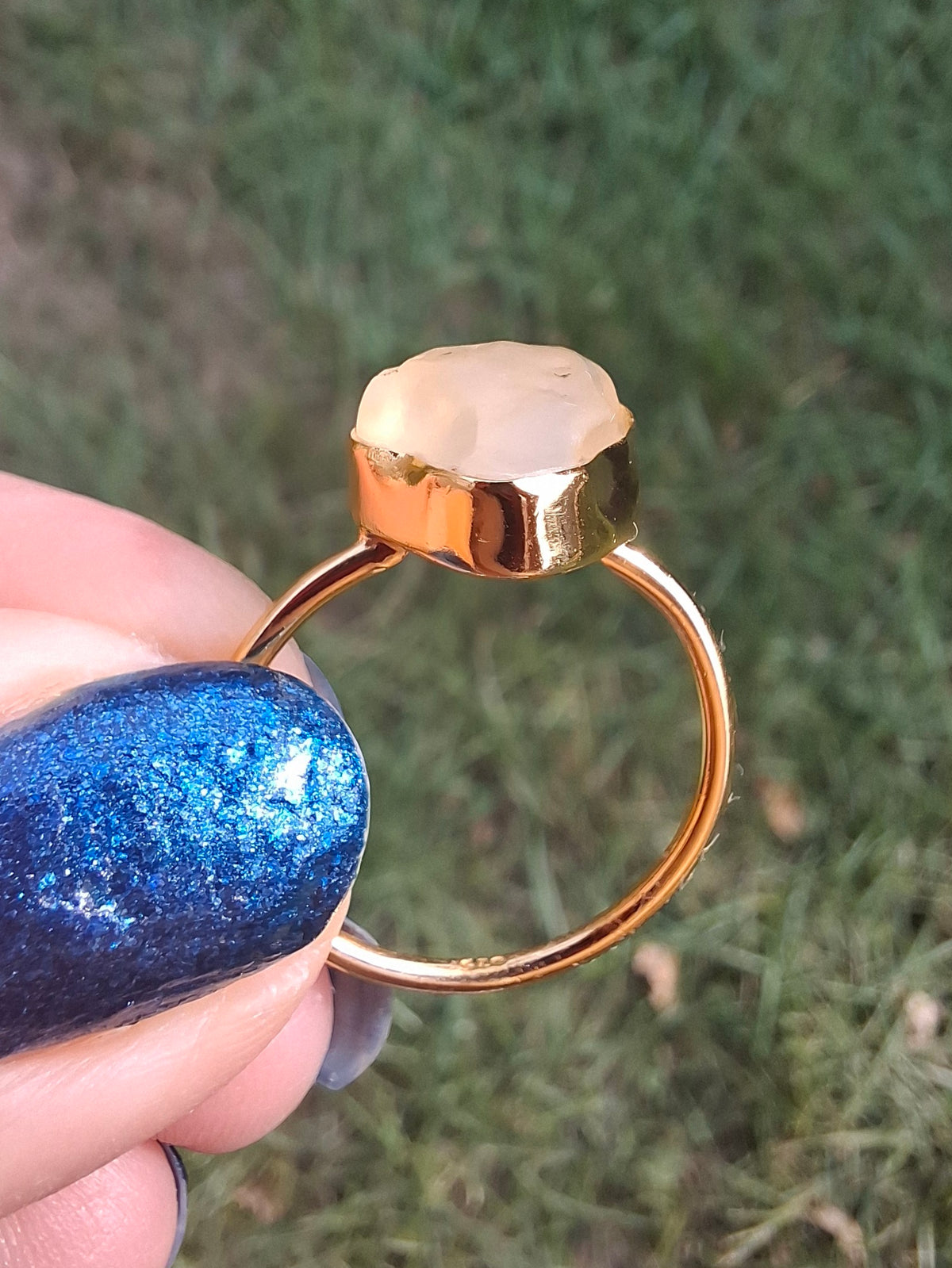 Libyan Desert Glass Ring, 14K GOLD Plated, size large P/small Q, Tektite (Ref: LR73)