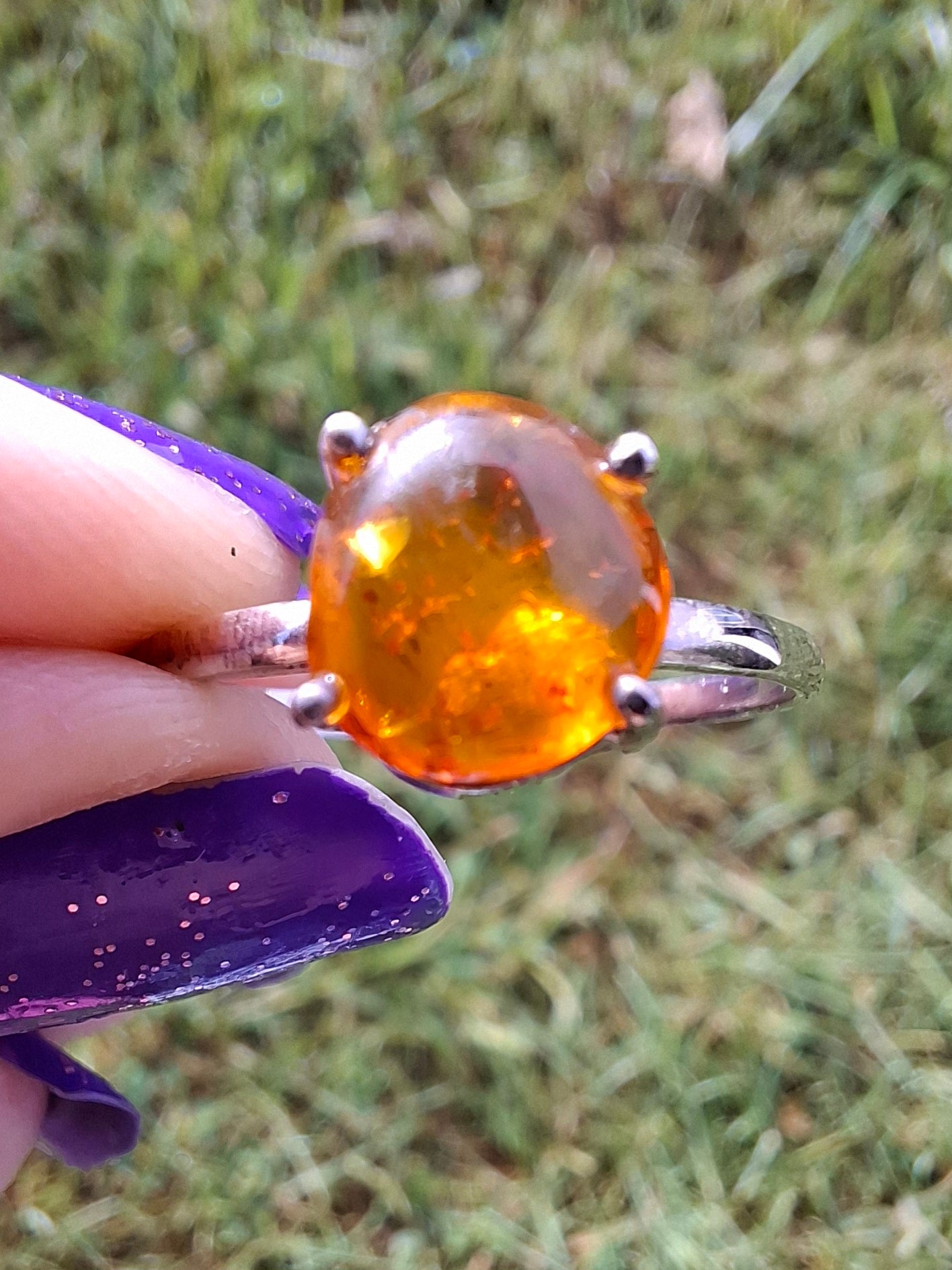Baltic Amber Ring, size large W, 925 Silver, Fossil (Ref: AR27)