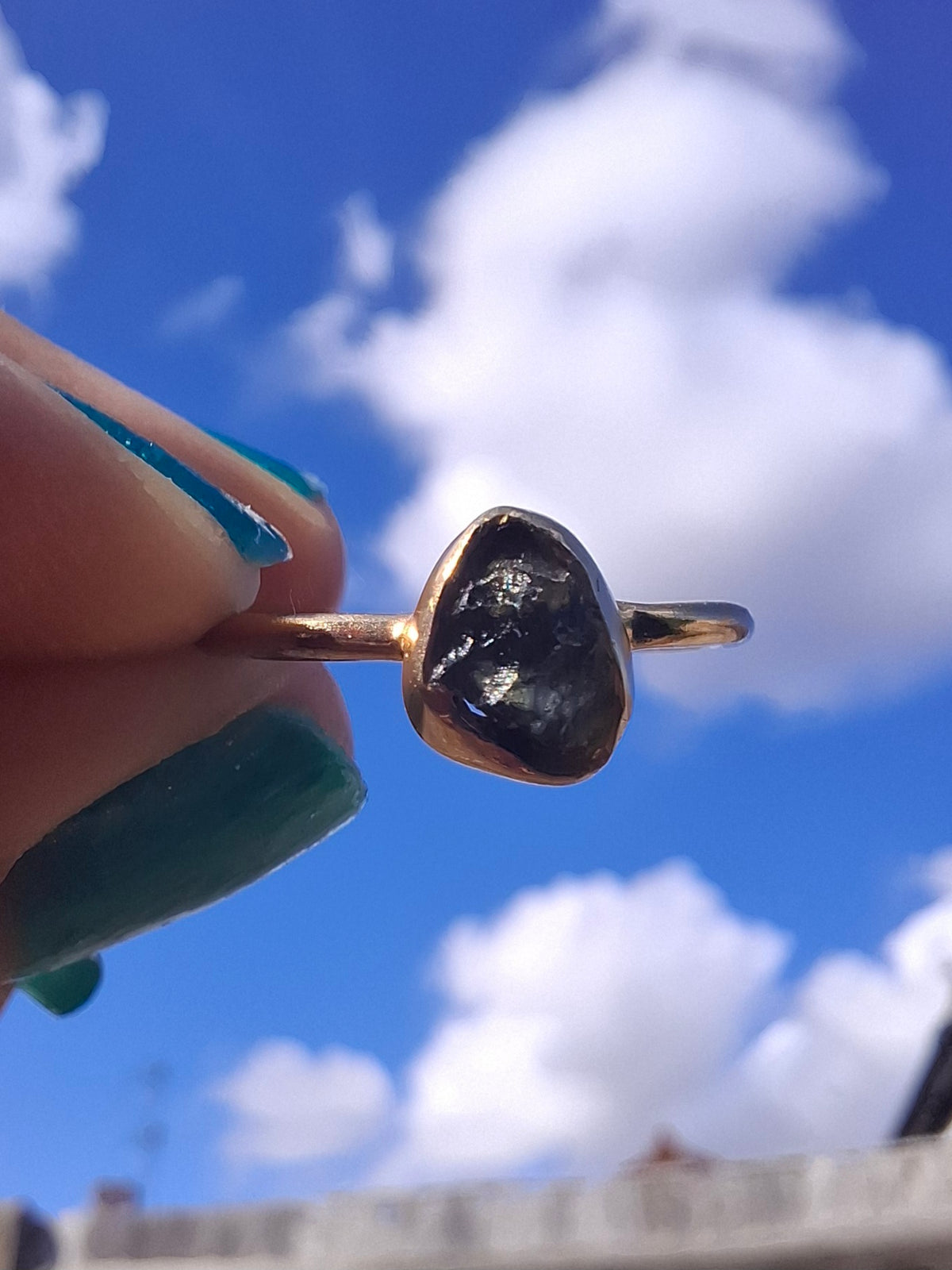 Moldavite Ring, 14K GOLD Plated, size large L, Tektite (Ref: R343)