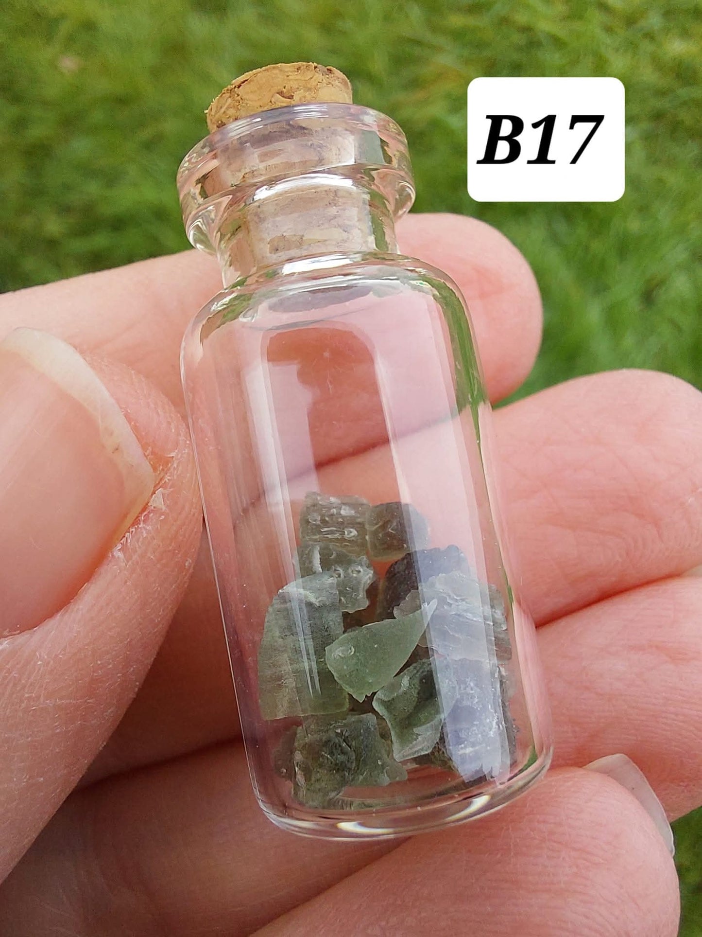 Moldavite chips (1.50g) in 3ml glass Bottle, Tektite (Ref: B17)