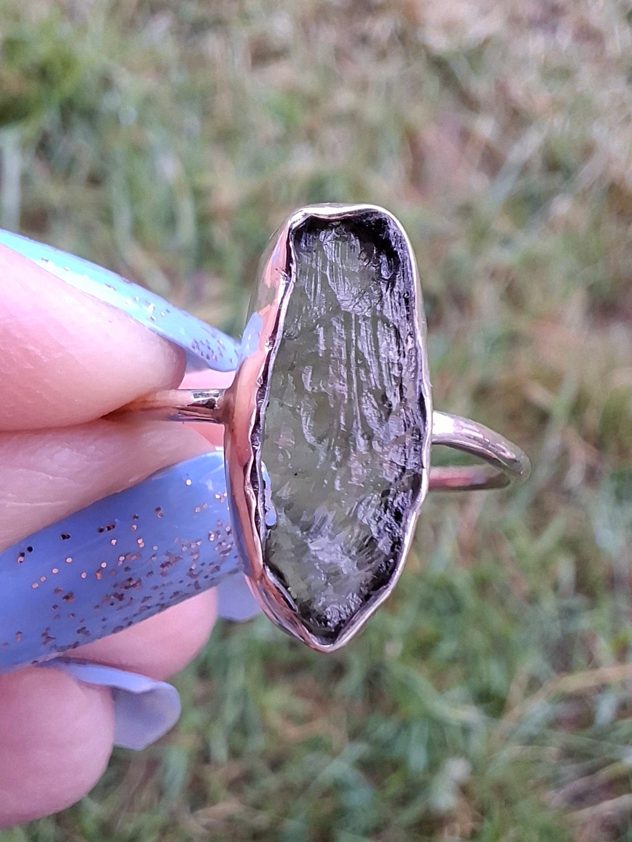 Moldavite Ring, size large R, 925 Silver, Tektite (Ref: R27)