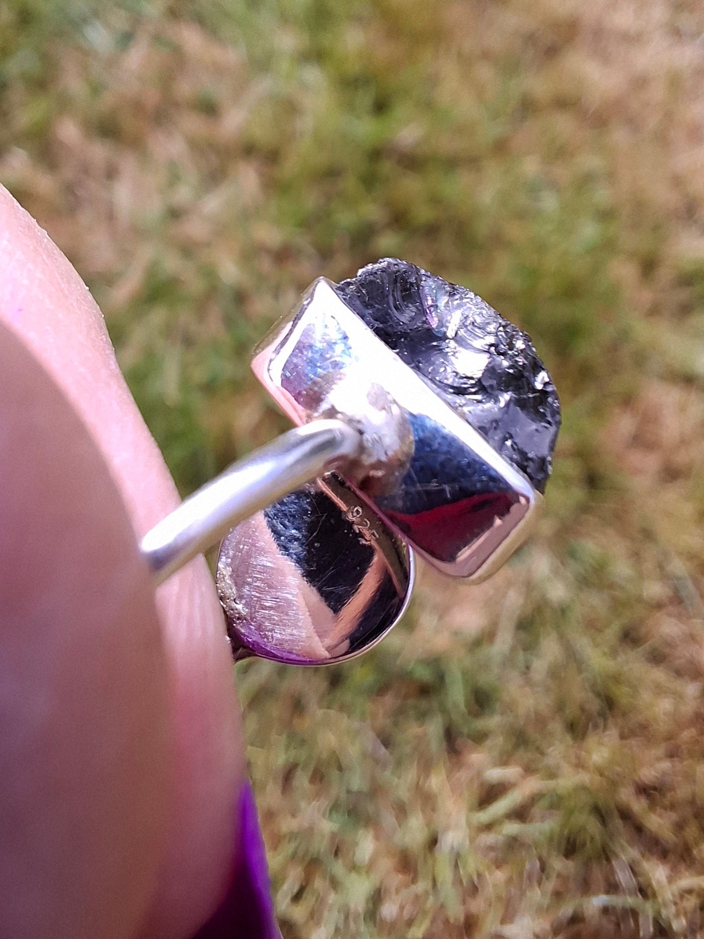 Moldavite ADJUSTABLE Ring, size large N, 925 Silver, Tektite (Ref: AR 39)