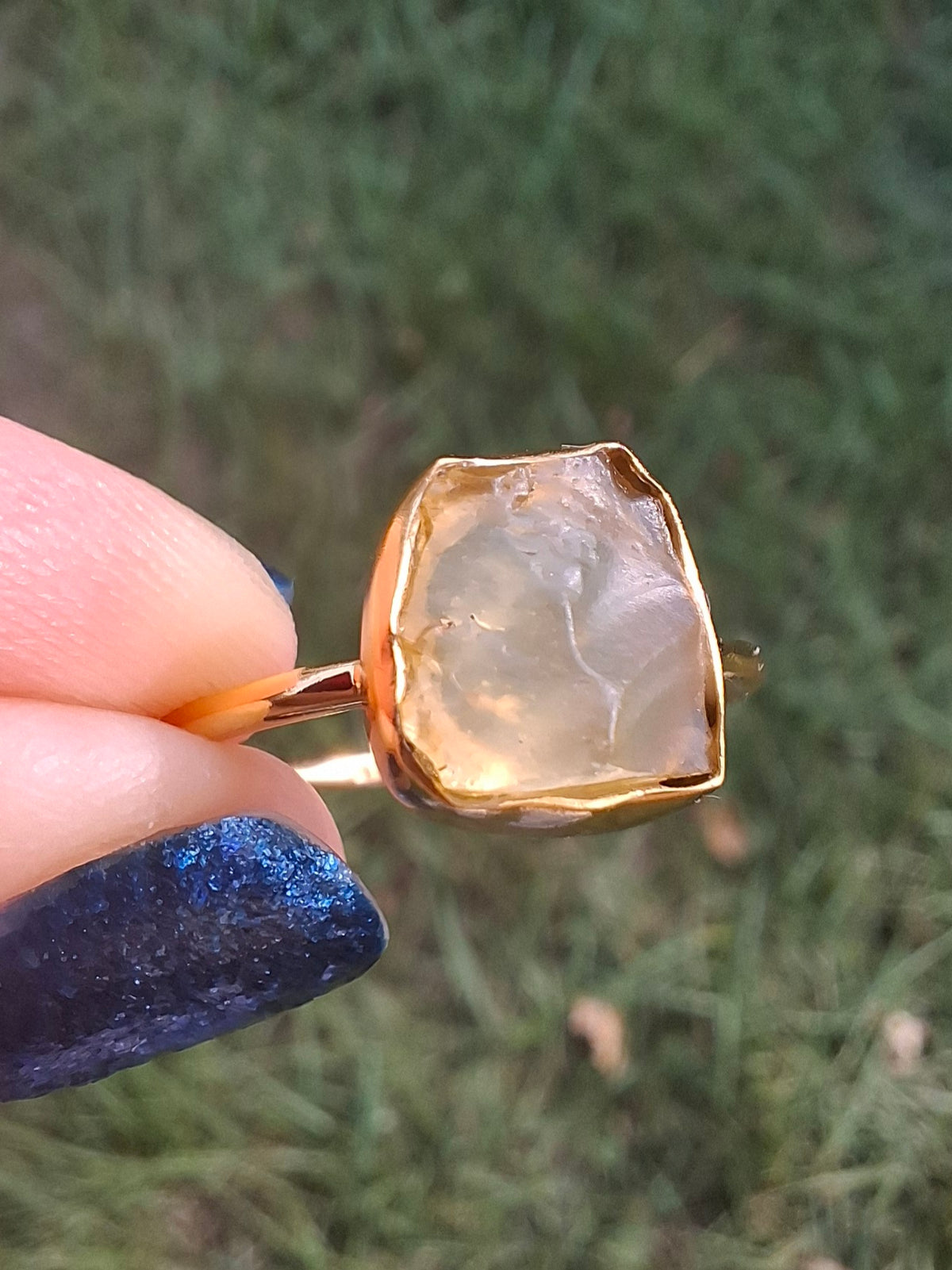 Libyan Desert Glass Ring, 14K GOLD Plated, size large S, Tektite (Ref: LR72)