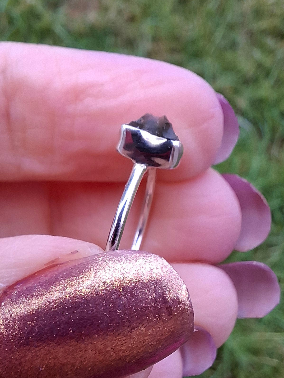 Moldavite Ring, Size small L, 925 Silver, Tektite (Ref: R34)