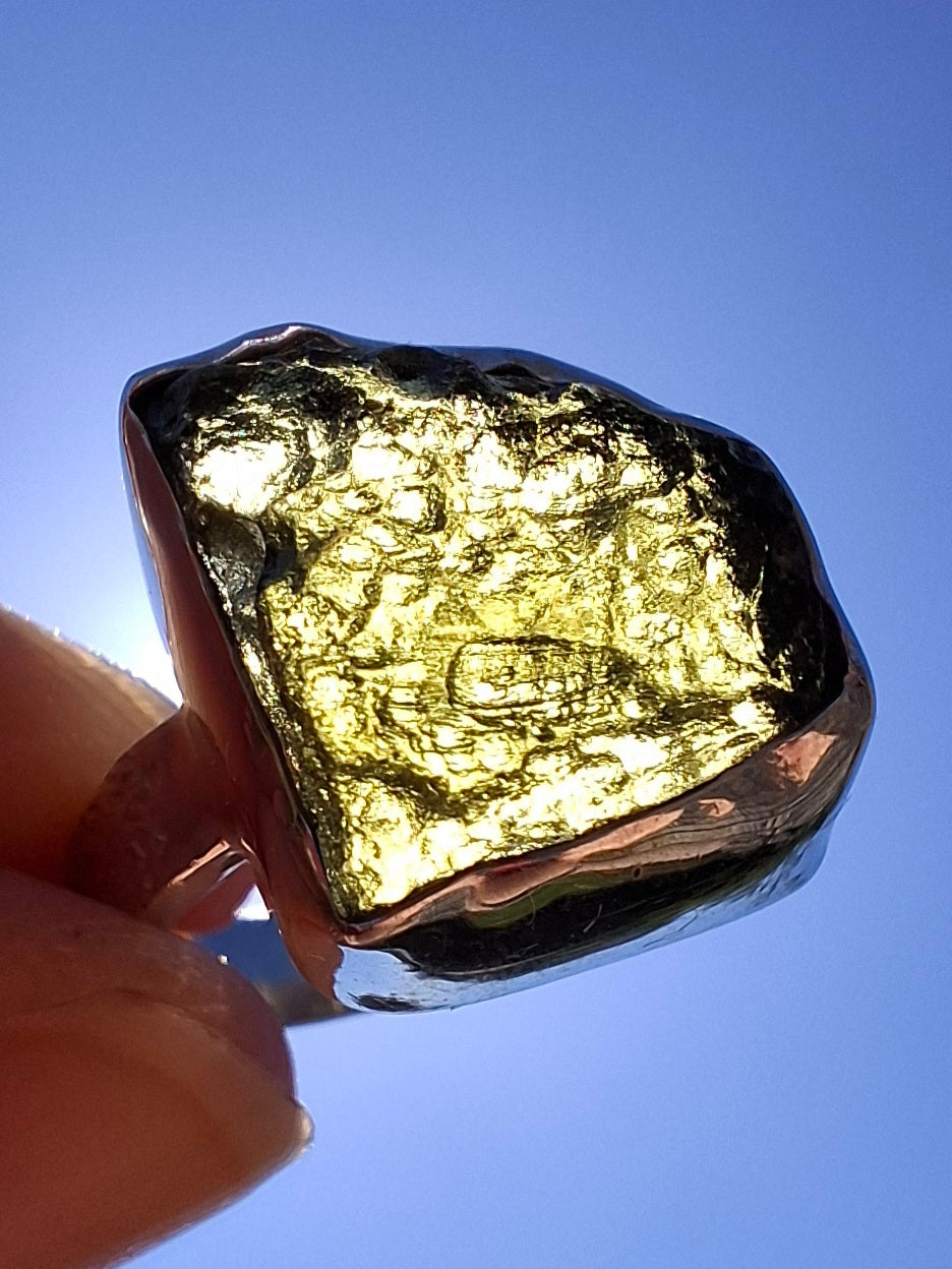 Moldavite Ring, size P, 925 Silver, Tektite (Ref: R314)