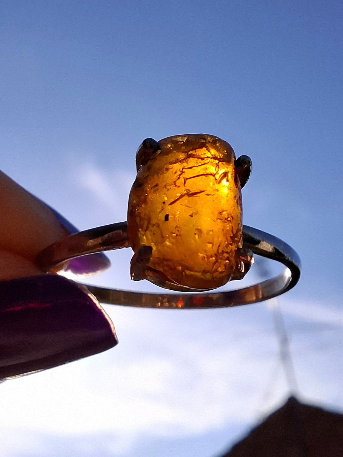 Baltic Amber Ring, size large W, 925 Silver, Fossil (Ref: AR28)
