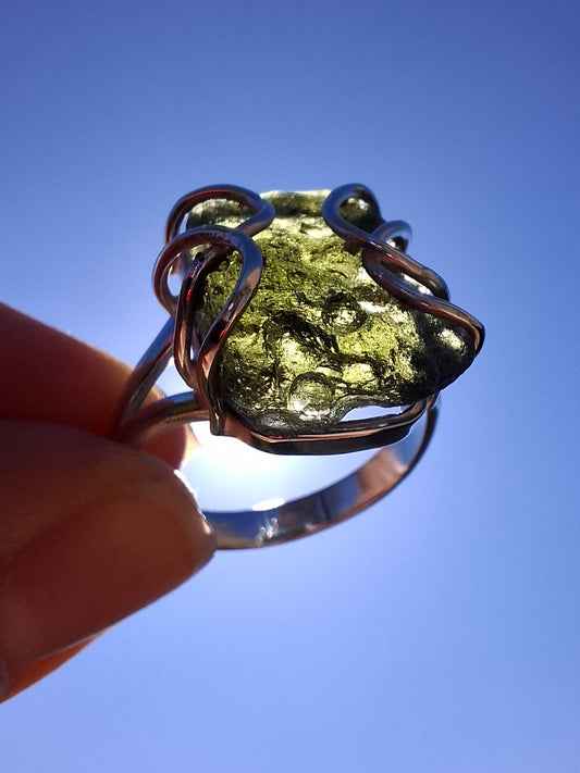 Moldavite Ring, size W, 925 silver, Tektite (Ref: R16)
