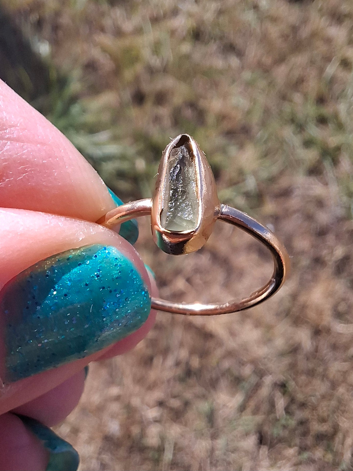 Moldavite Ring, 14K GOLD Plated, size large K / small L, Tektite (Ref: R335)