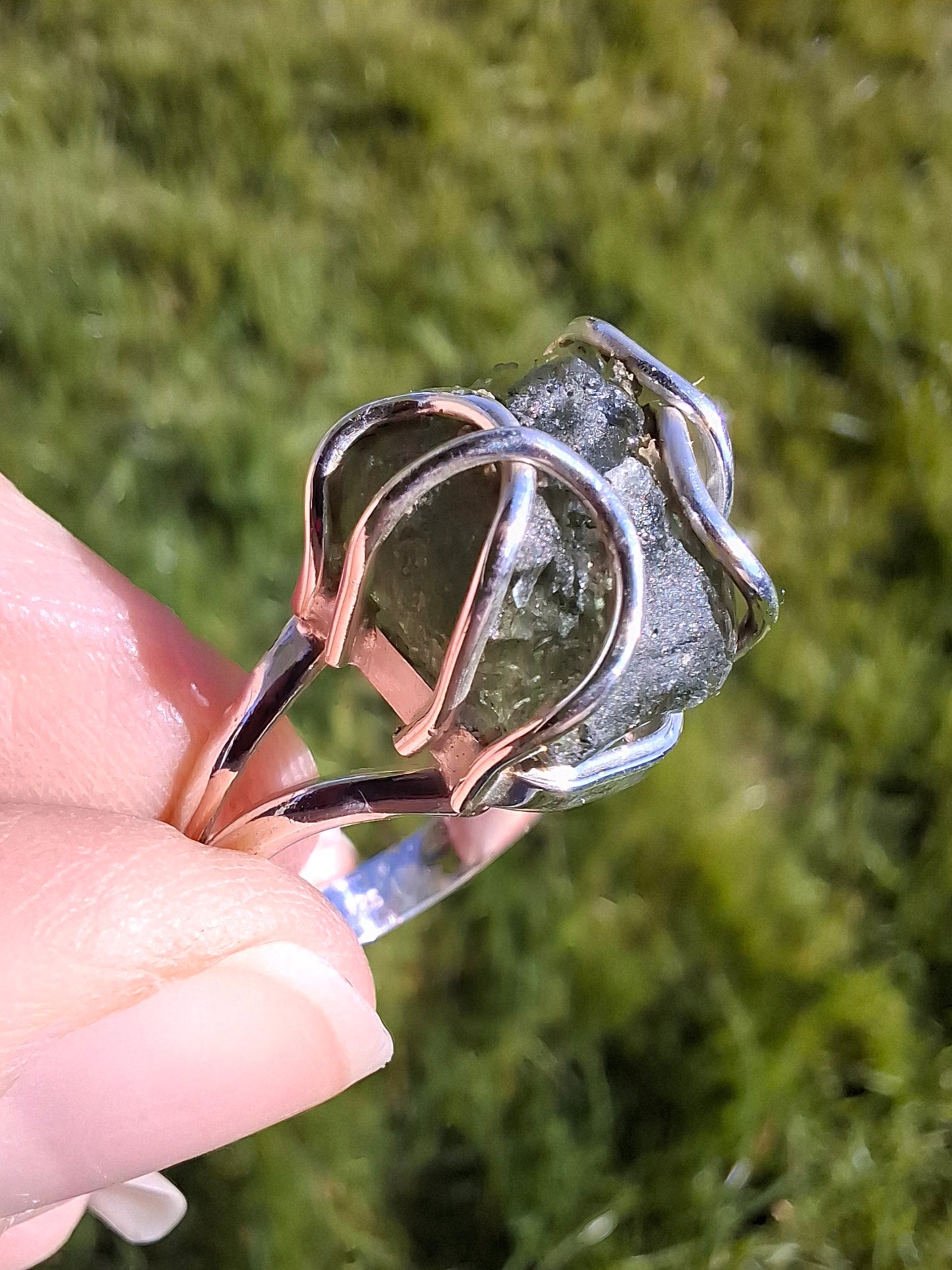 Moldavite Ring, size Q, 925 Silver, Tektite (Ref: R11)