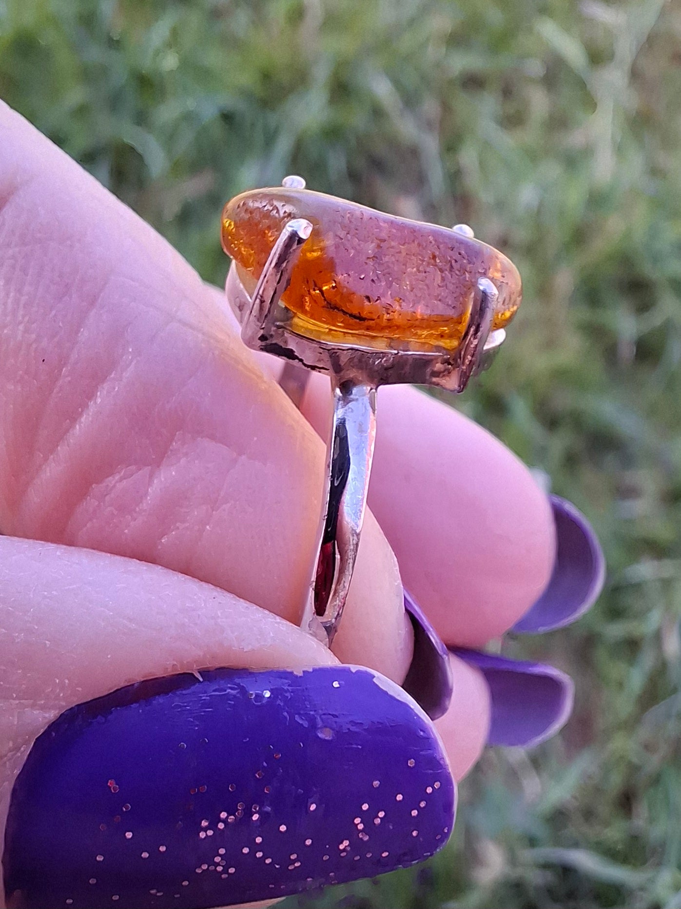 Baltic Amber Ring, size large V, 925 Silver, Fossil (Ref: AR26)