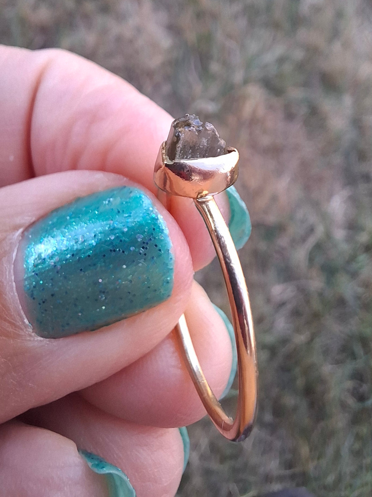 Moldavite Ring, 14K GOLD Plated, size large S / small T, Tektite (Ref: R352)