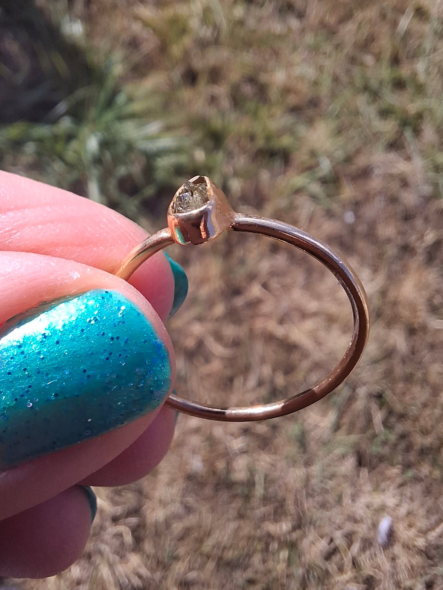 Moldavite Ring, 14K GOLD Plated, size large S, Tektite (Ref: R345)