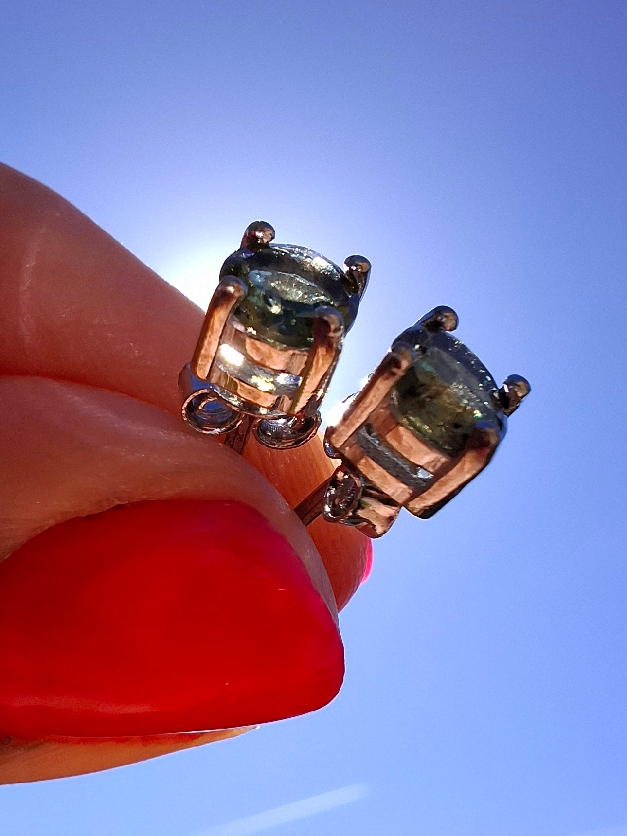 Moldavite (faceted), 5mm, STUD EARRINGS, 925 Silver, Tektite (Ref: Pair53)