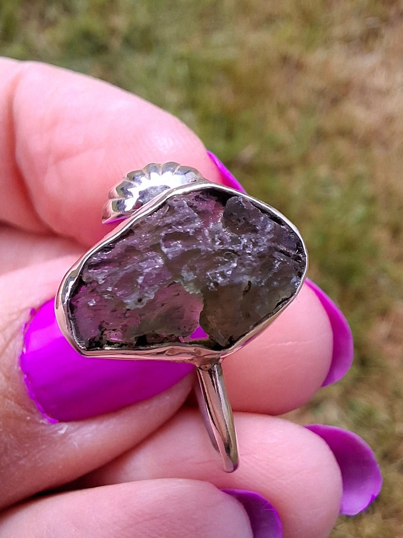 Moldavite ADJUSTABLE Ring, size large R, 925 Silver, Tektite (Ref: AR49)