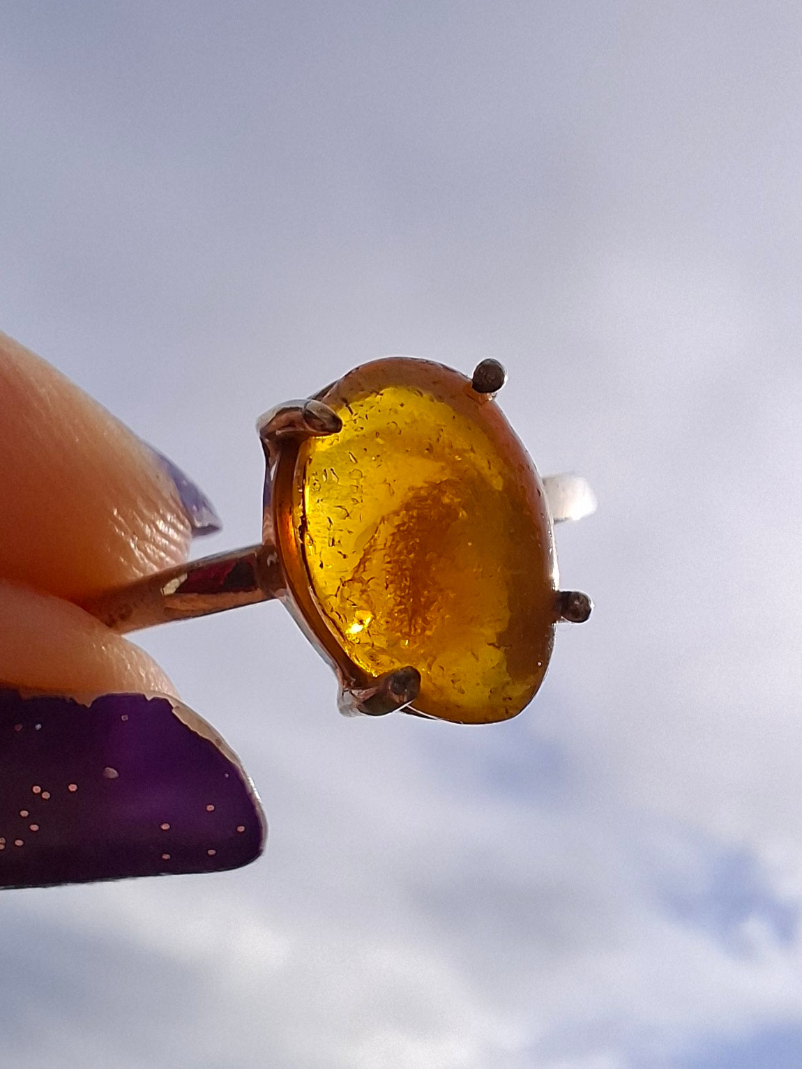 Baltic Amber Ring, size large Y, 925 Silver, Fossil (Ref: AR38)