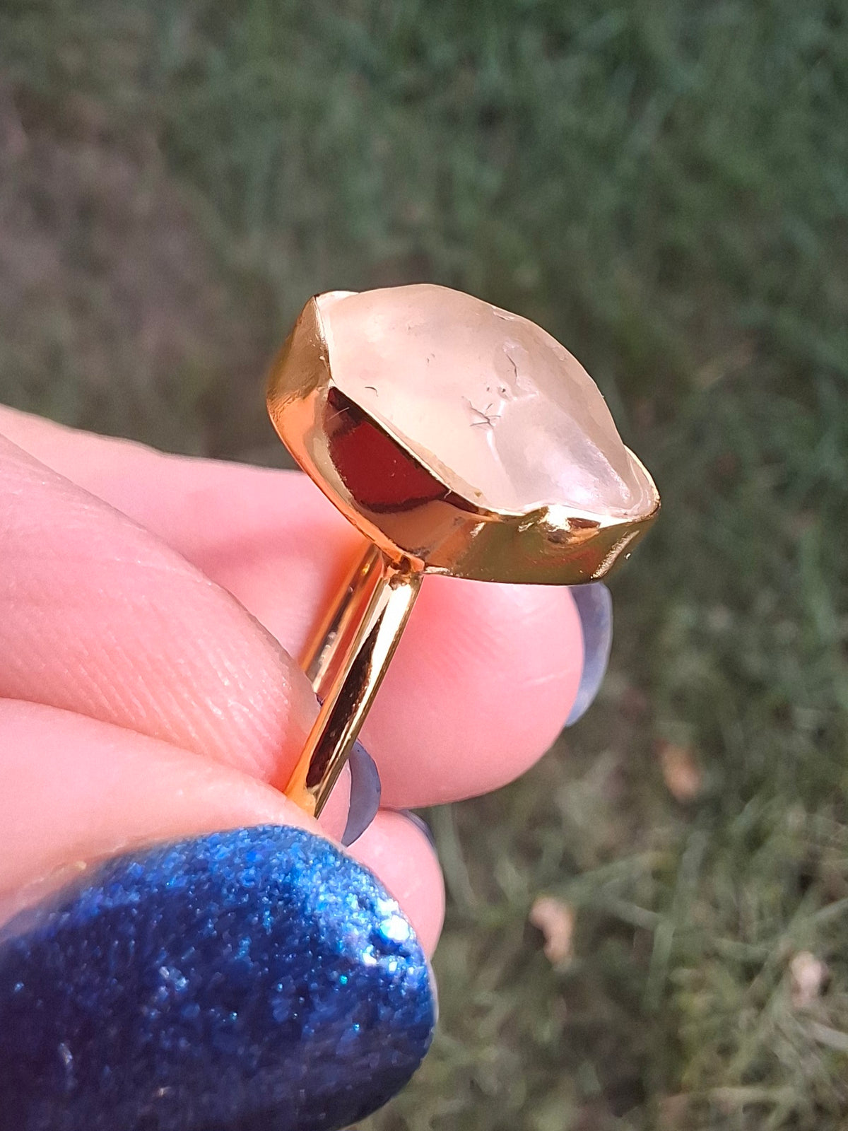 Libyan Desert Glass Ring, 14K GOLD Plated, size large P/small Q, Tektite (Ref: LR73)