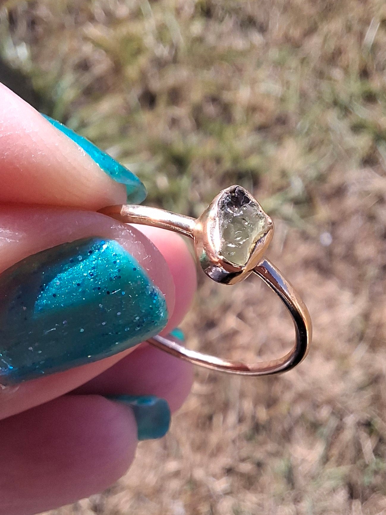 Moldavite Ring, 14K GOLD Plated, size large T, Tektite (Ref: R350)
