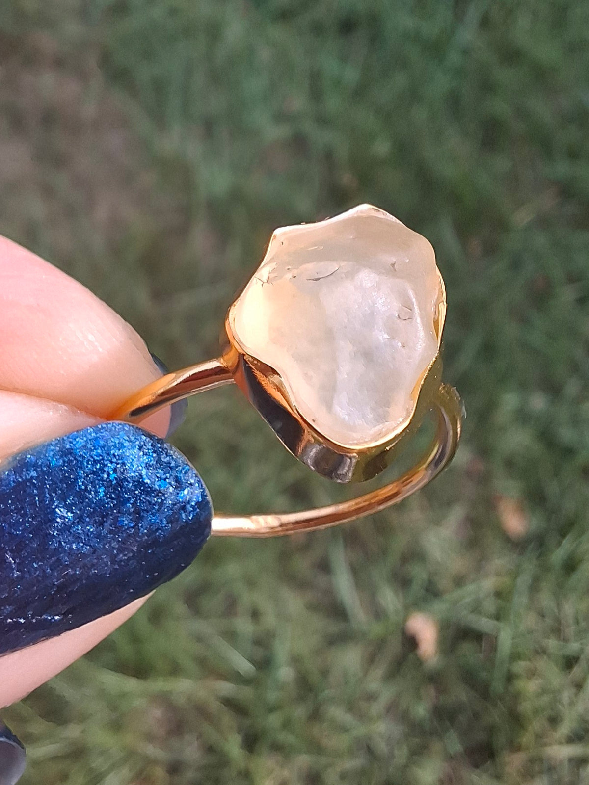 Libyan Desert Glass Ring, 14K GOLD Plated, size large P/small Q, Tektite (Ref: LR73)