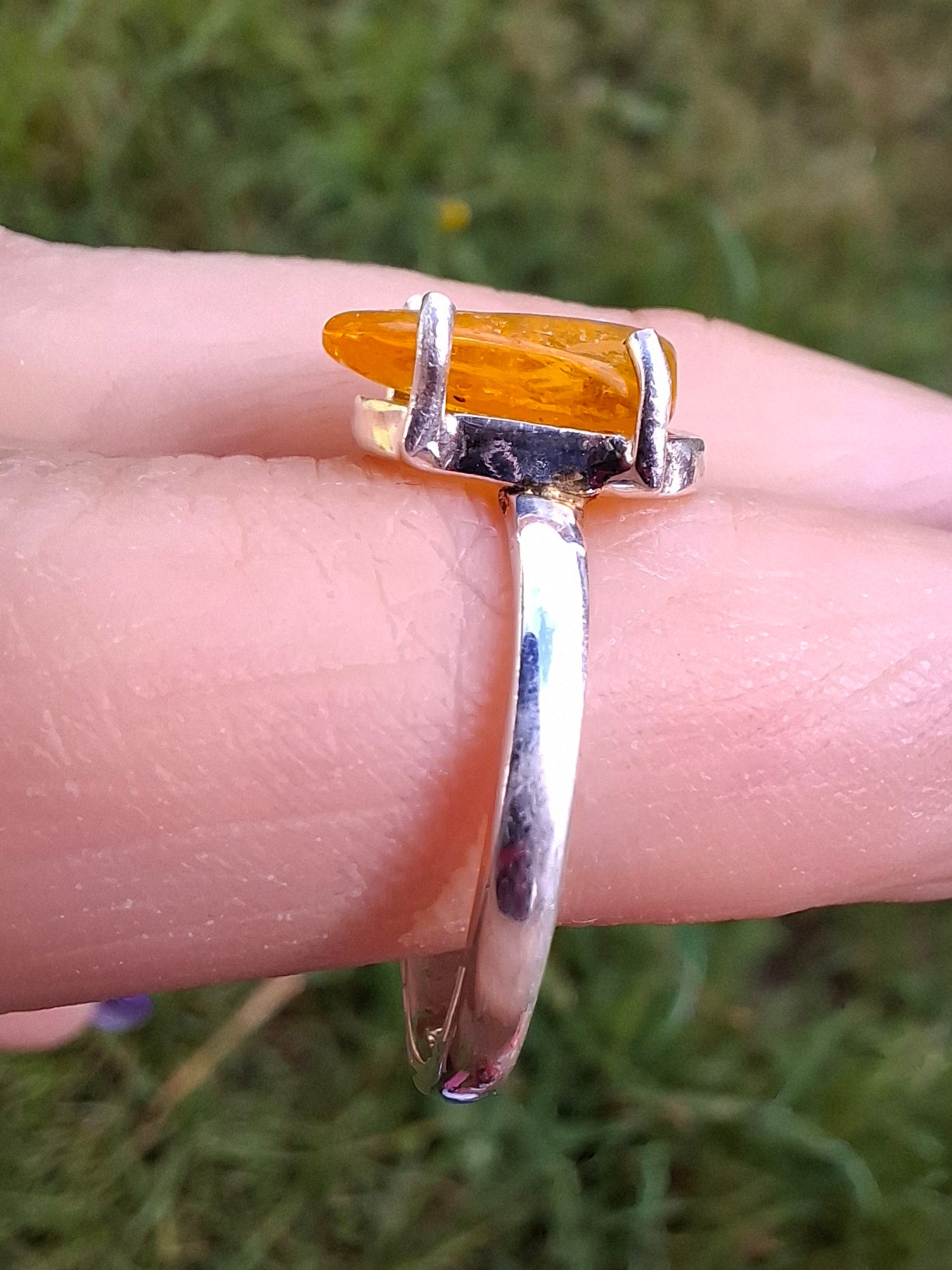 Baltic Amber Ring, size large N, 925 Silver, Fossil (Ref: AR9)