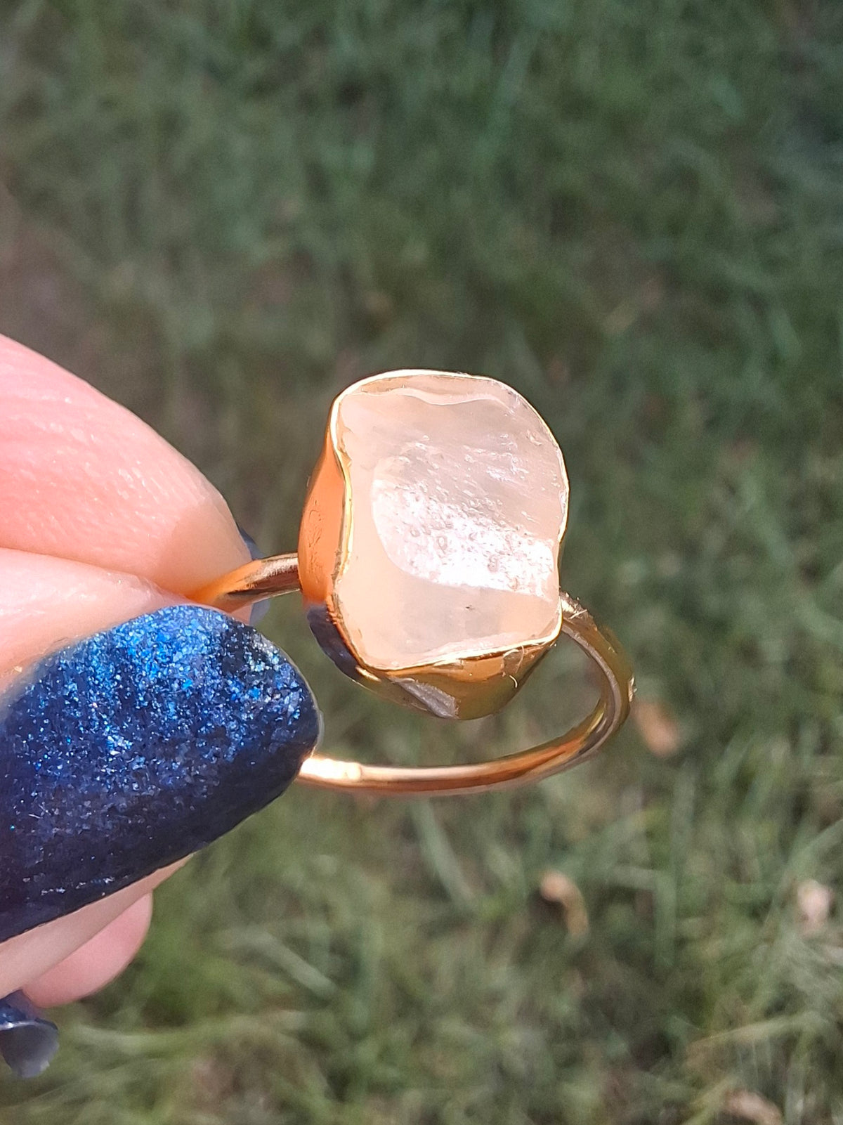 Libyan Desert Glass Ring, 14K GOLD Plated, size large N, Tektite (Ref: LR79)