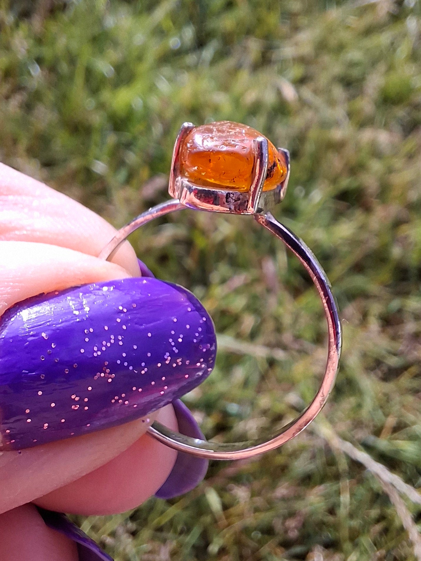 Baltic Amber Ring, size large W, 925 Silver, Fossil (Ref: AR28)