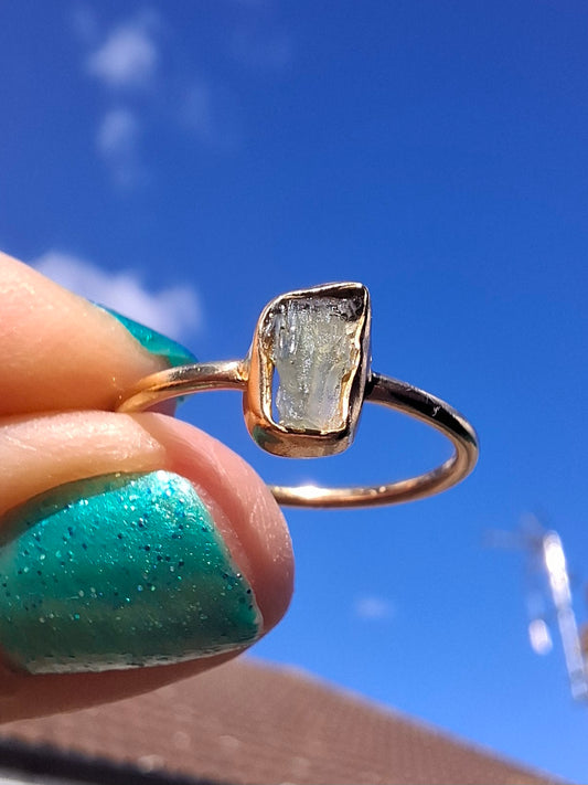 Moldavite Ring, 14K GOLD Plated, size large M, Tektite (Ref: R341)
