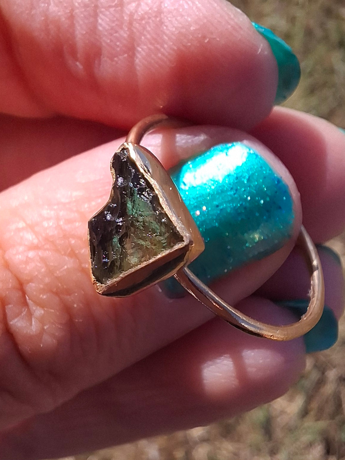 Moldavite Ring, 14K GOLD Plated, size large U, Tektite (Ref: R351)
