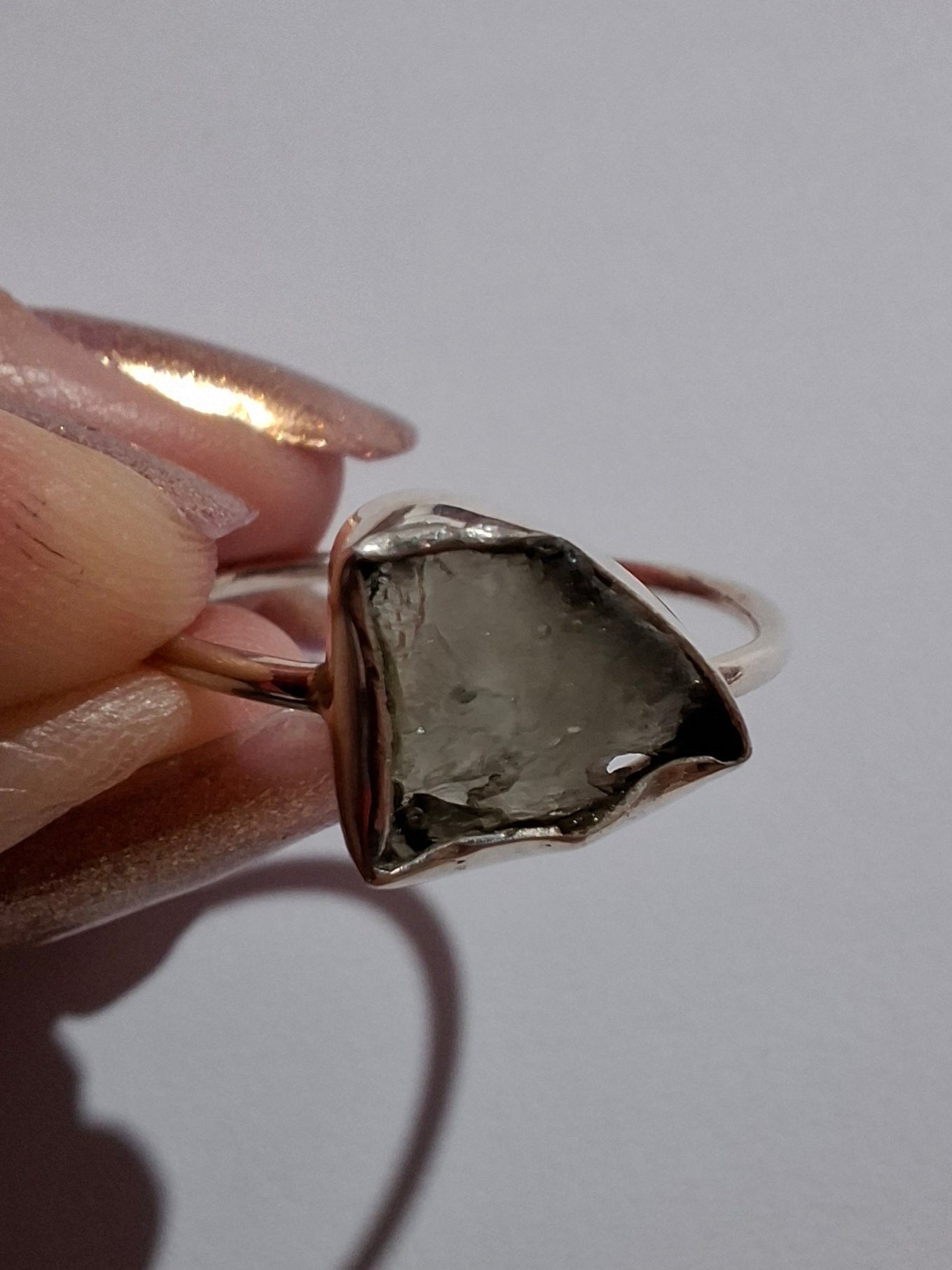 Moldavite Ring, size large T, 925 Silver, Tektite (Ref: R28)