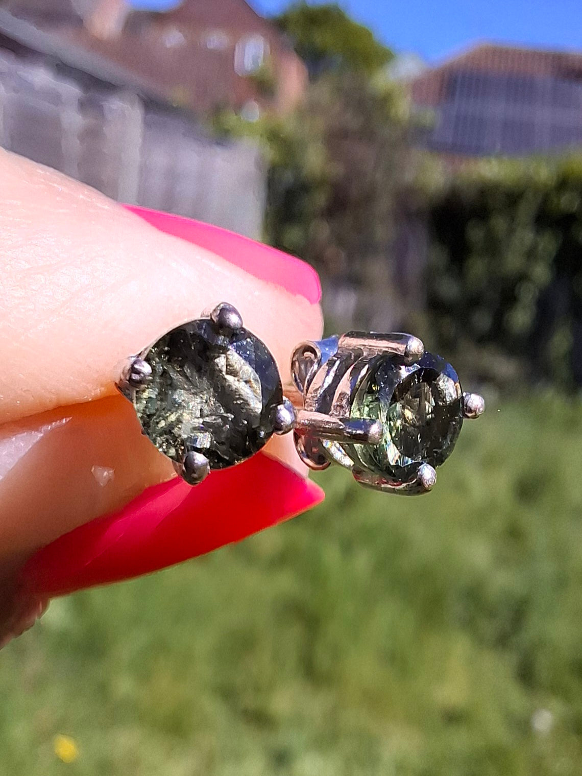 Moldavite (faceted), 5mm STUD EARRINGS, 925 Silver, Tektite (Ref: Pair52)