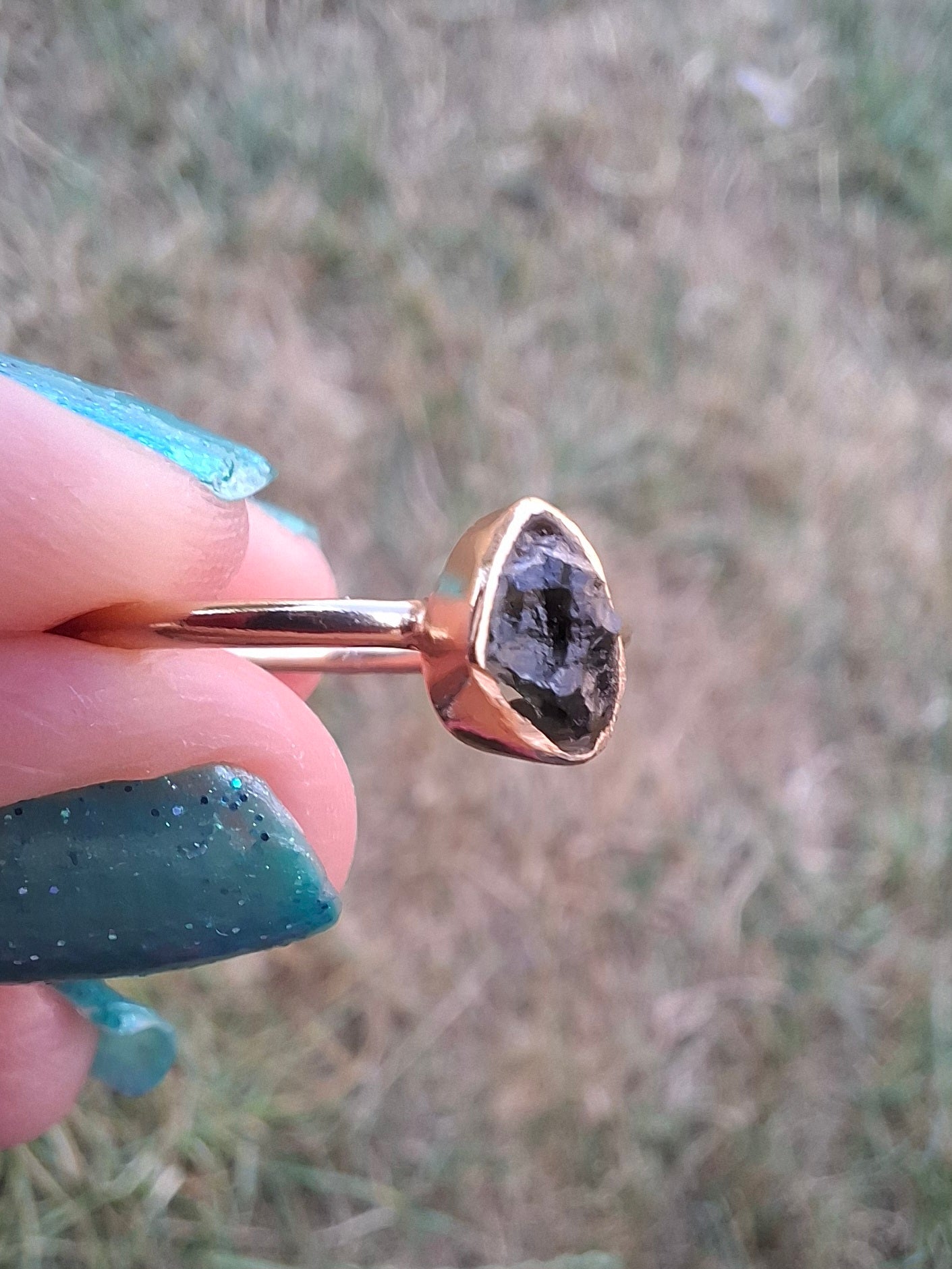Moldavite Ring, 14K GOLD Plated, size large L, Tektite (Ref: R343)