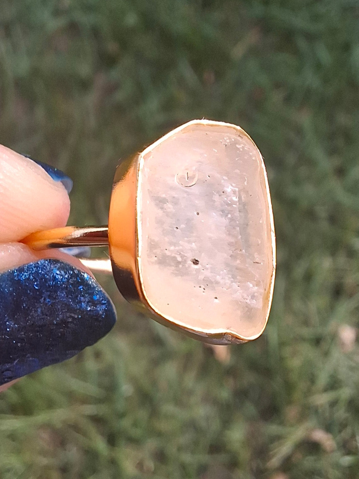 Libyan Desert Glass Ring, 14K GOLD Plated, size large O, Tektite (Ref: LR71)
