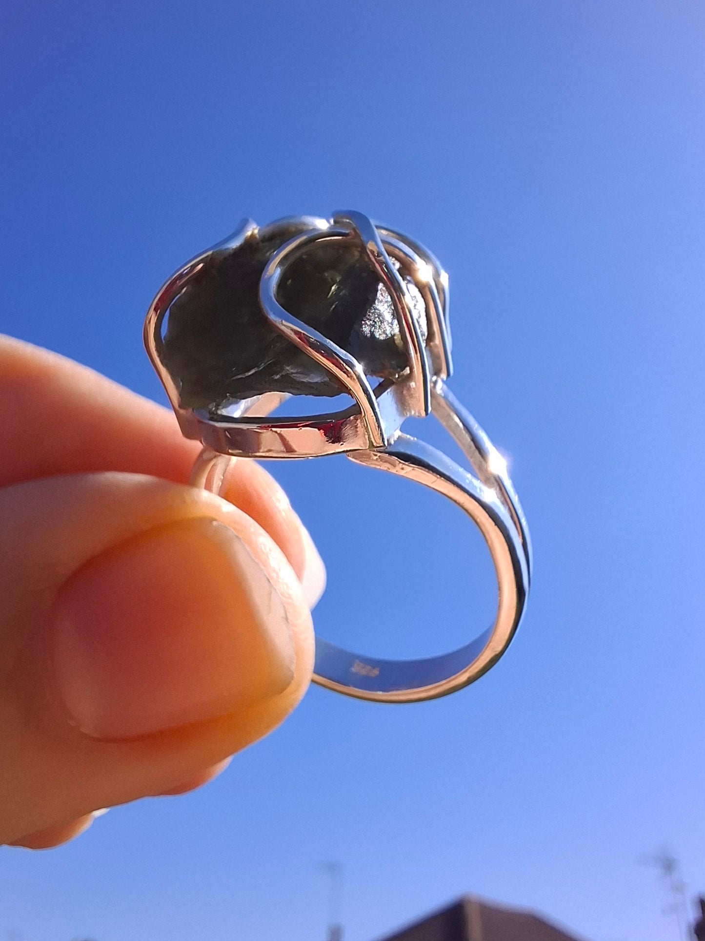 Moldavite Ring, size S, 925 Silver, Tektite (Ref: R12)