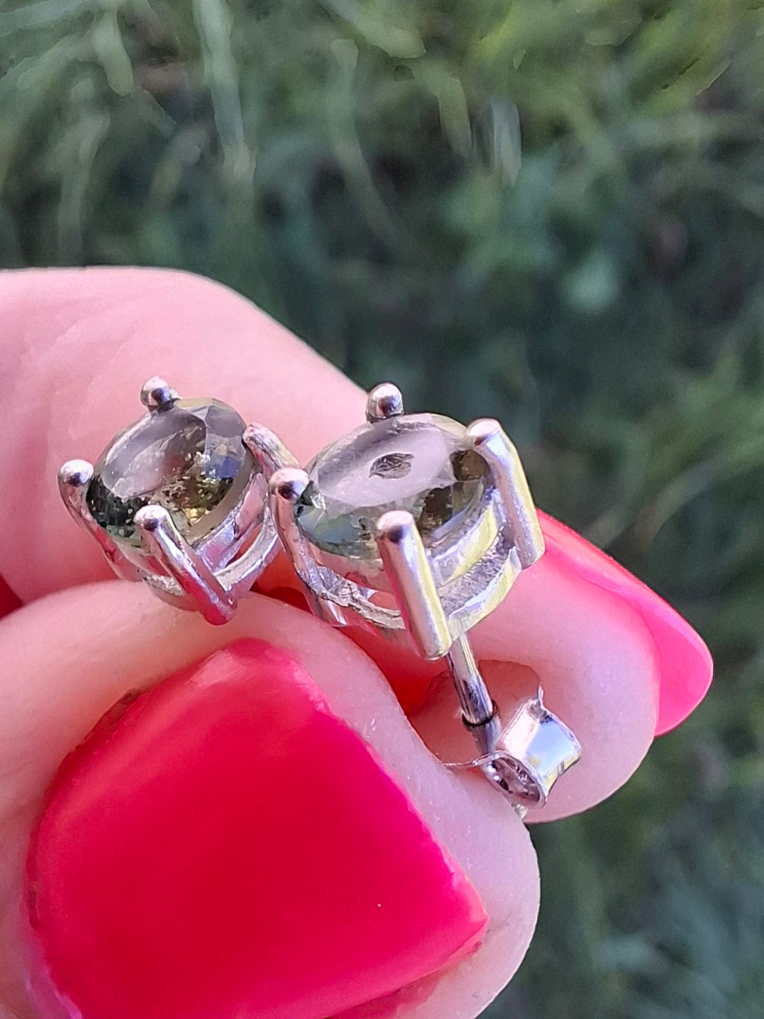 Moldavite (faceted) 5mm STUD EARRINGS, 925 Silver, Tektite (Ref: Pair17)