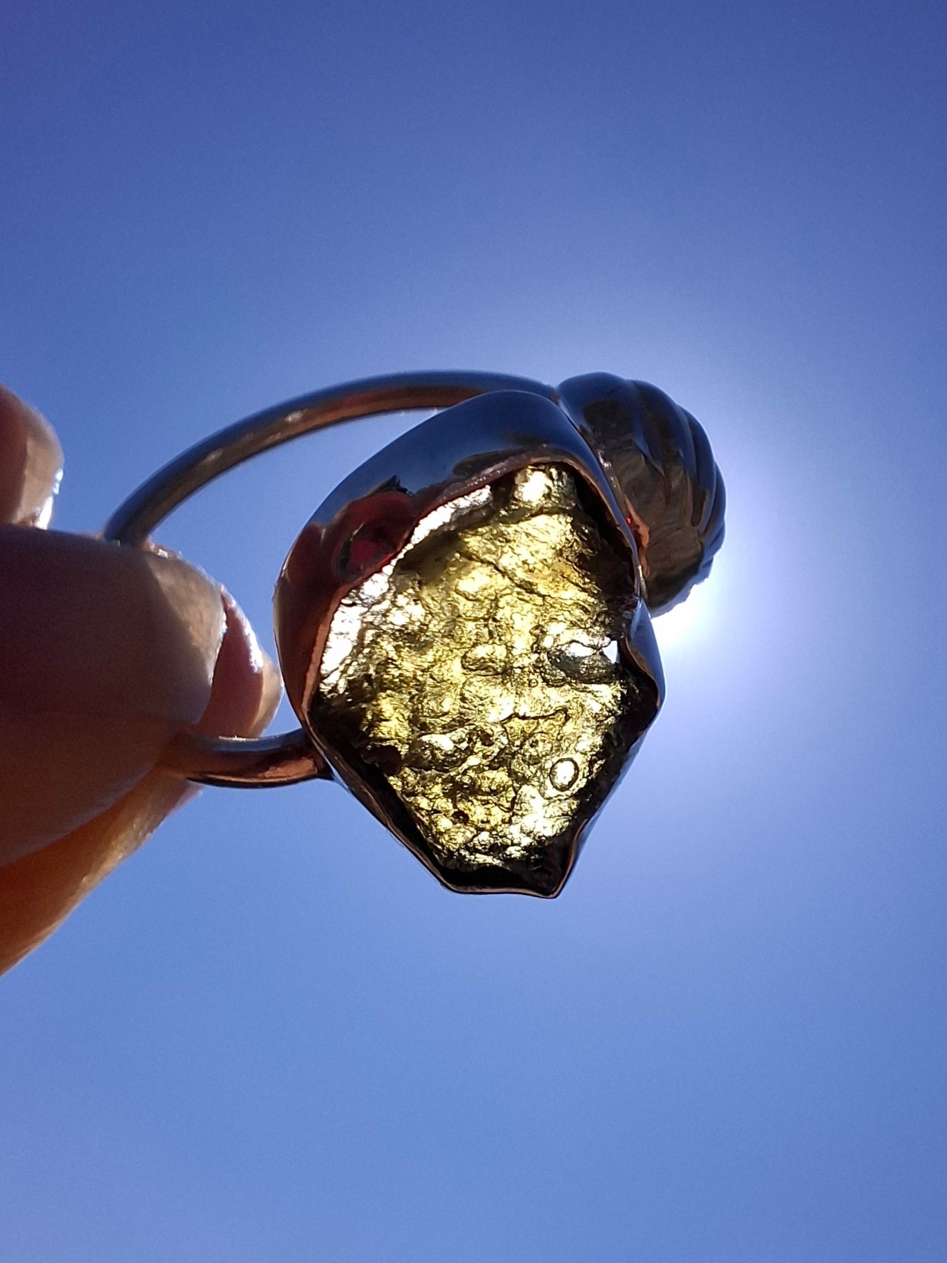 Moldavite ADJUSTABLE Ring, size large O, 925 Silver, Tektite (Ref: AR44)