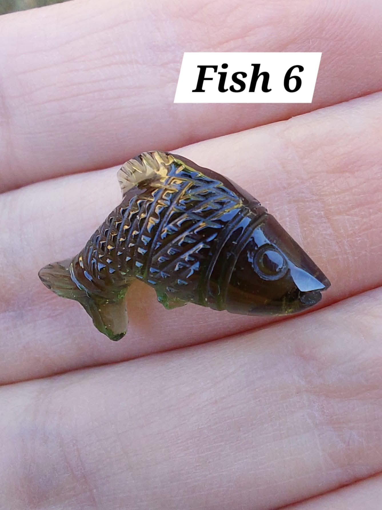 Moldavite FISH carving, 1.62g, Tektite (Ref: Fish6)