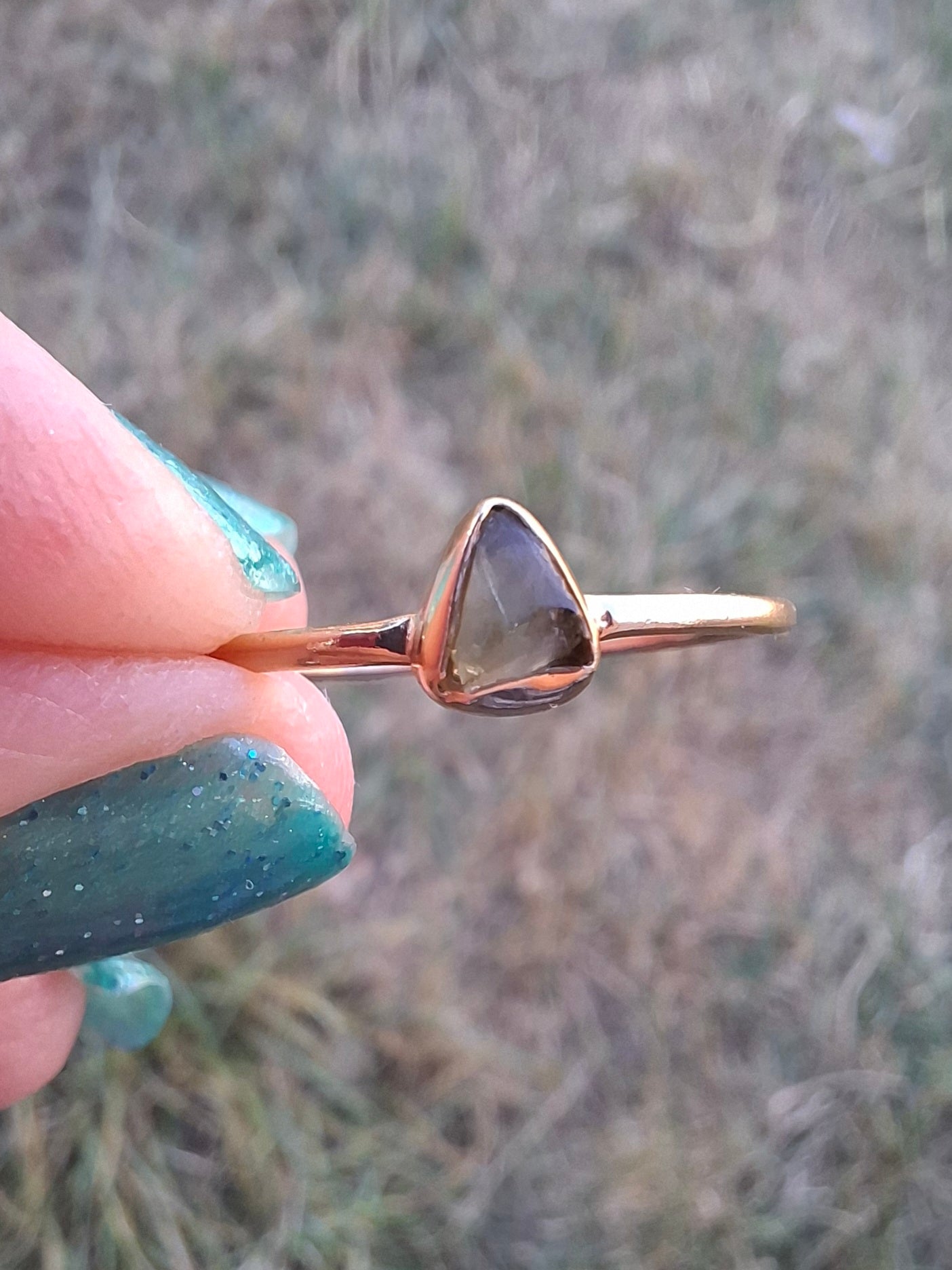 Moldavite Ring, 14K GOLD Plated, size large T, Tektite (Ref: R349)