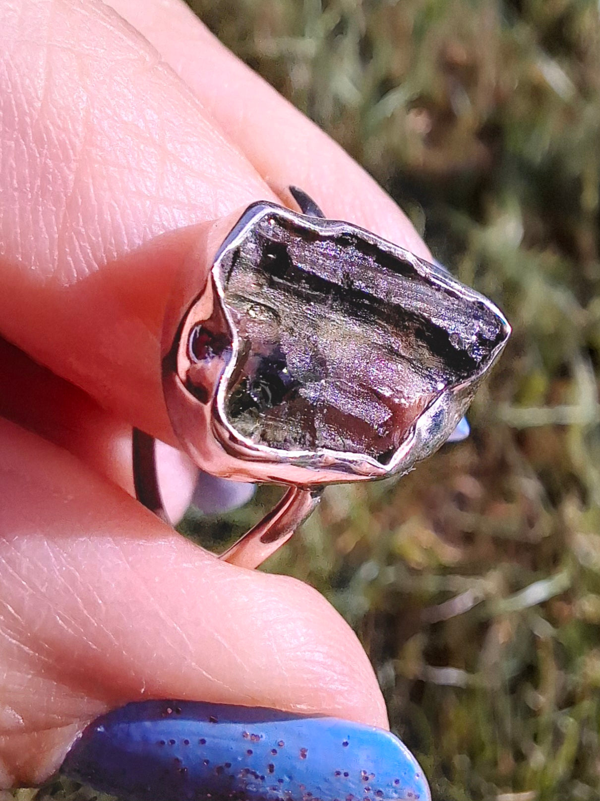 Moldavite Ring, size large N, 925 Silver, Tektite (Ref: R25)