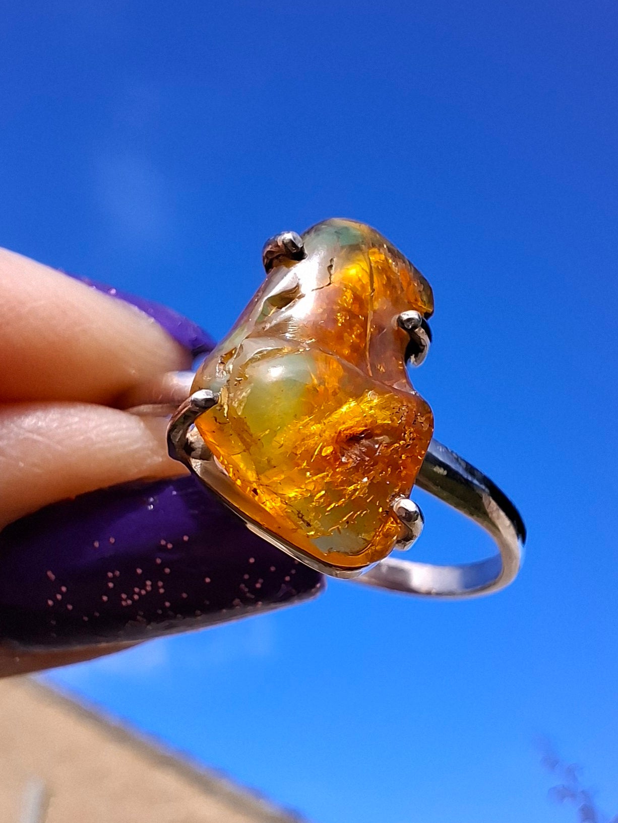 Baltic Amber Ring, size large X, 925 Silver, Fossil (Ref: AR36)