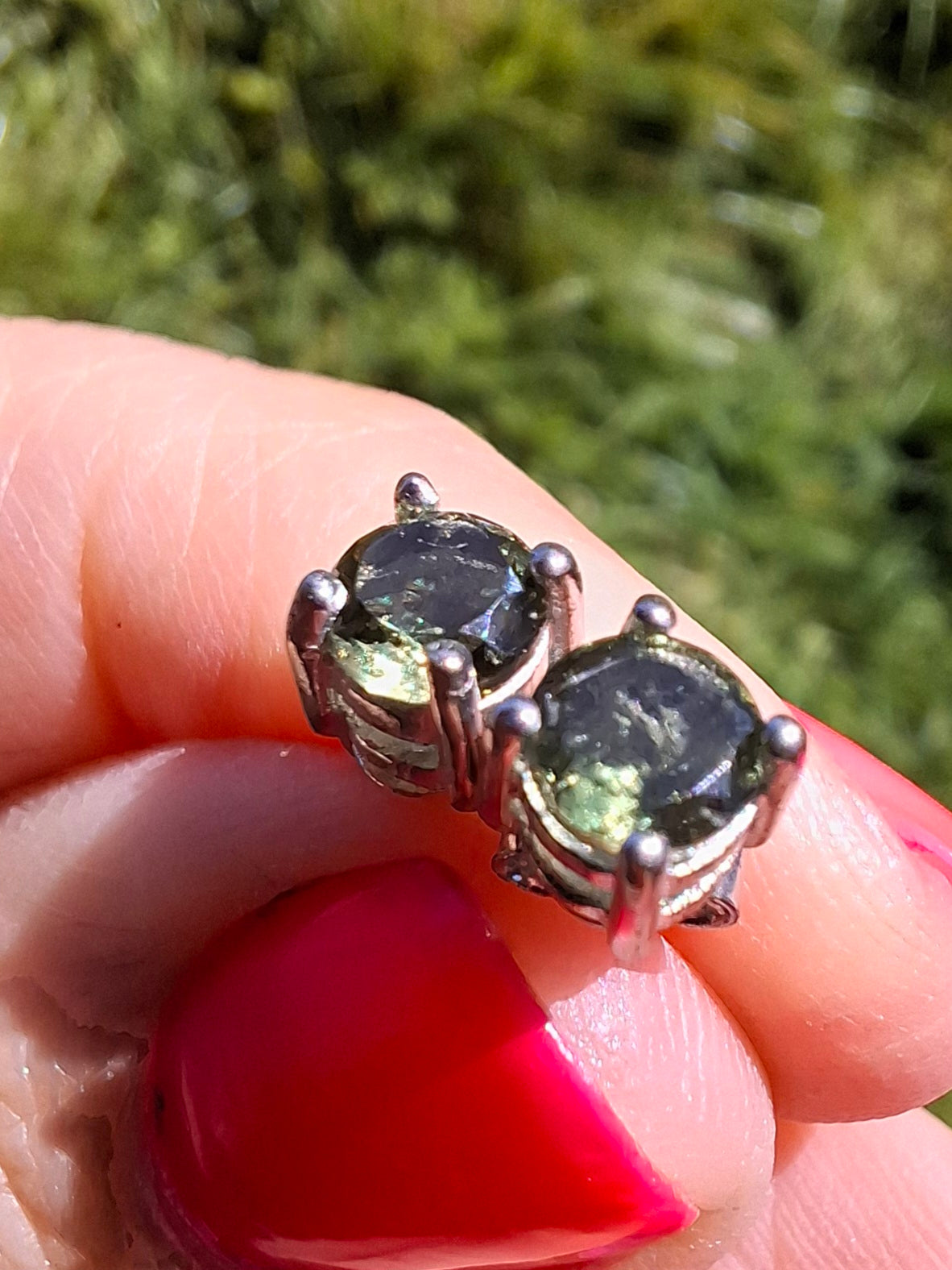 Moldavite (faceted) 5mm STUD EARRINGS, 925 Silver, Tektite (Ref: Pair 39)