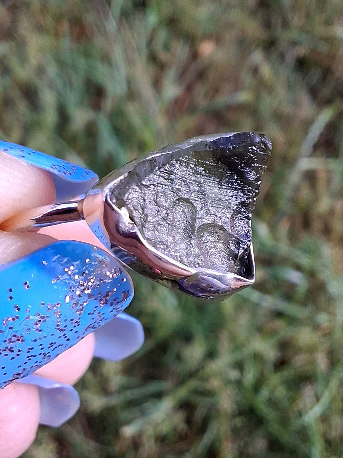 Moldavite Ring, size large J, 925 Silver, Tektite (Ref: R20)