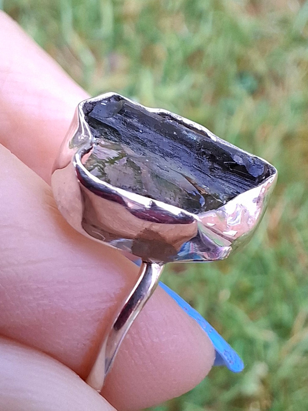 Moldavite Ring, size large N, 925 Silver, Tektite (Ref: R25)