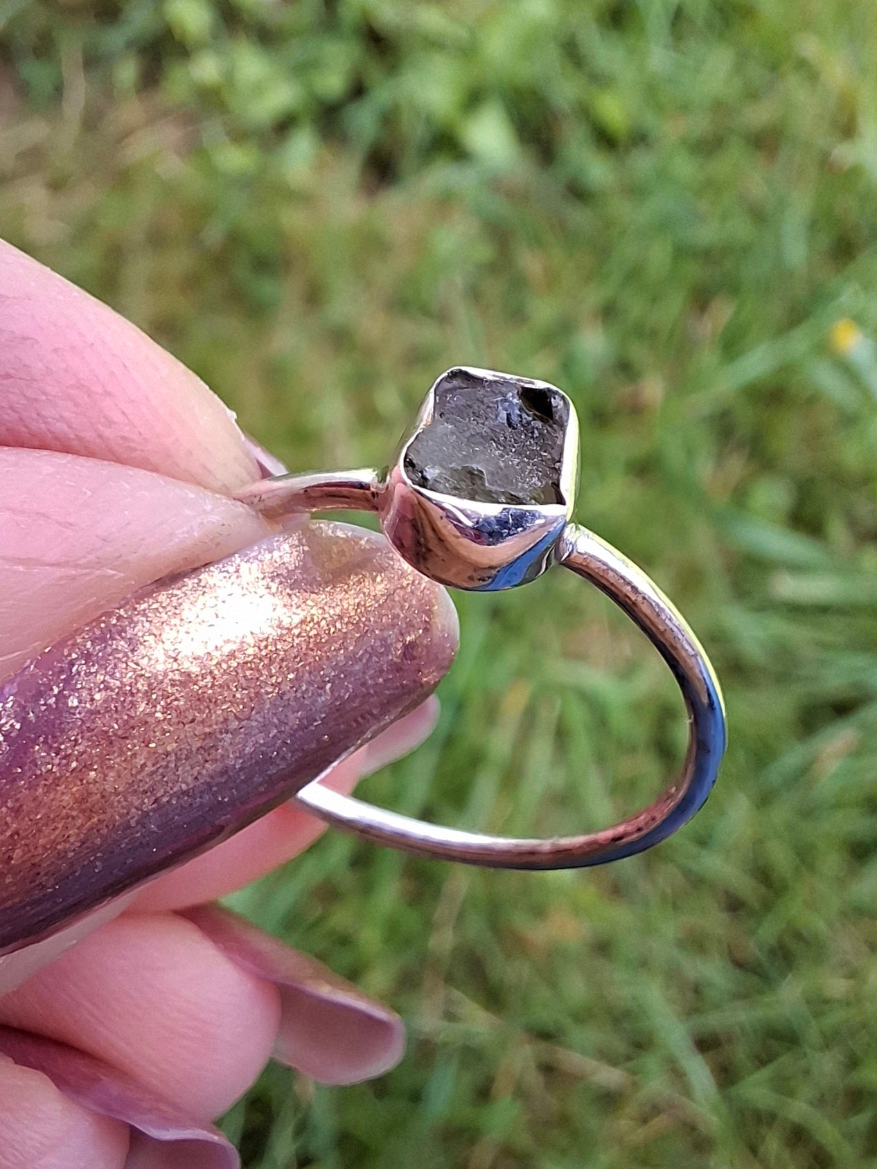 Moldavite Ring, size small Q, 925 Silver, Tektite (Ref: R44)
