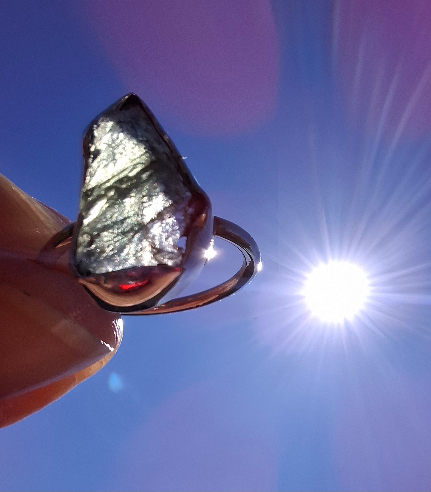 Moldavite Ring, size large G/small H, 925 Silver, Tektite (Ref: R19)