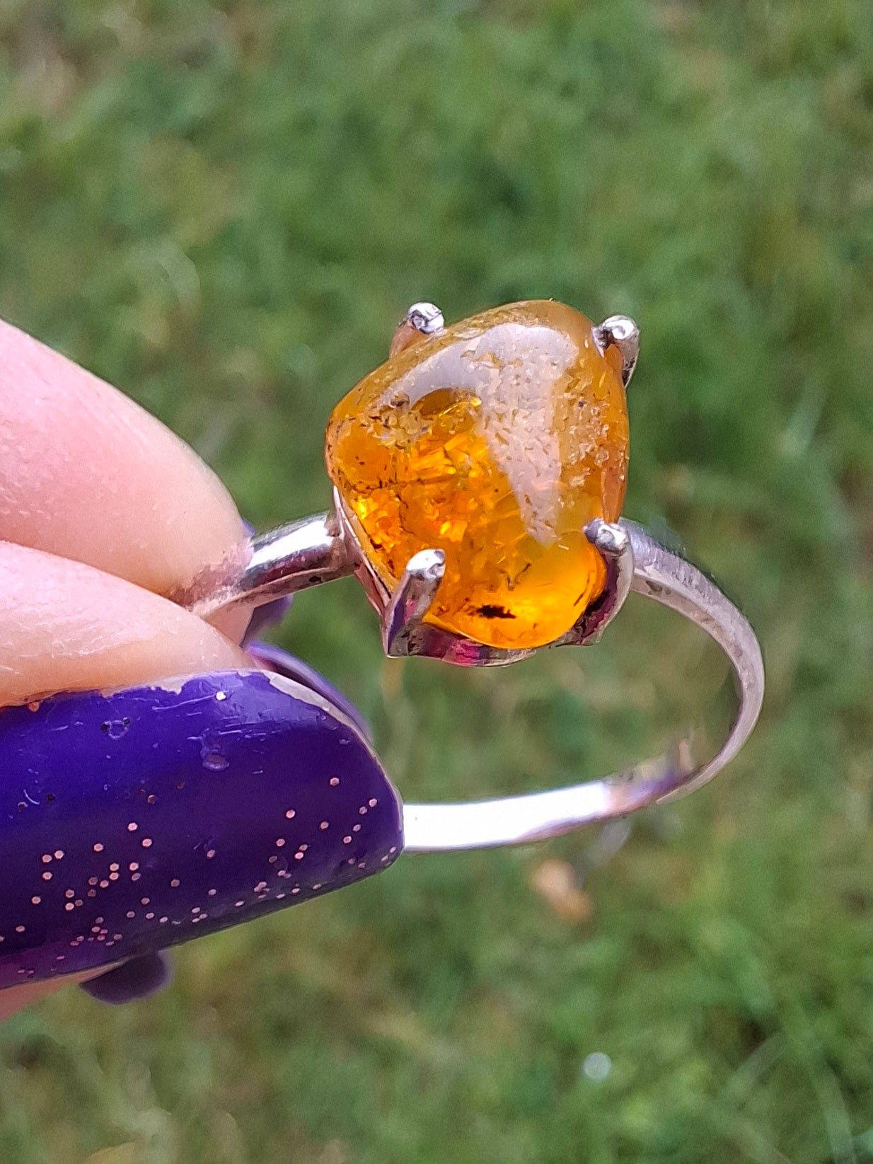 Baltic Amber Ring, size large Y, 925 Silver, Fossil (Ref: AR37)
