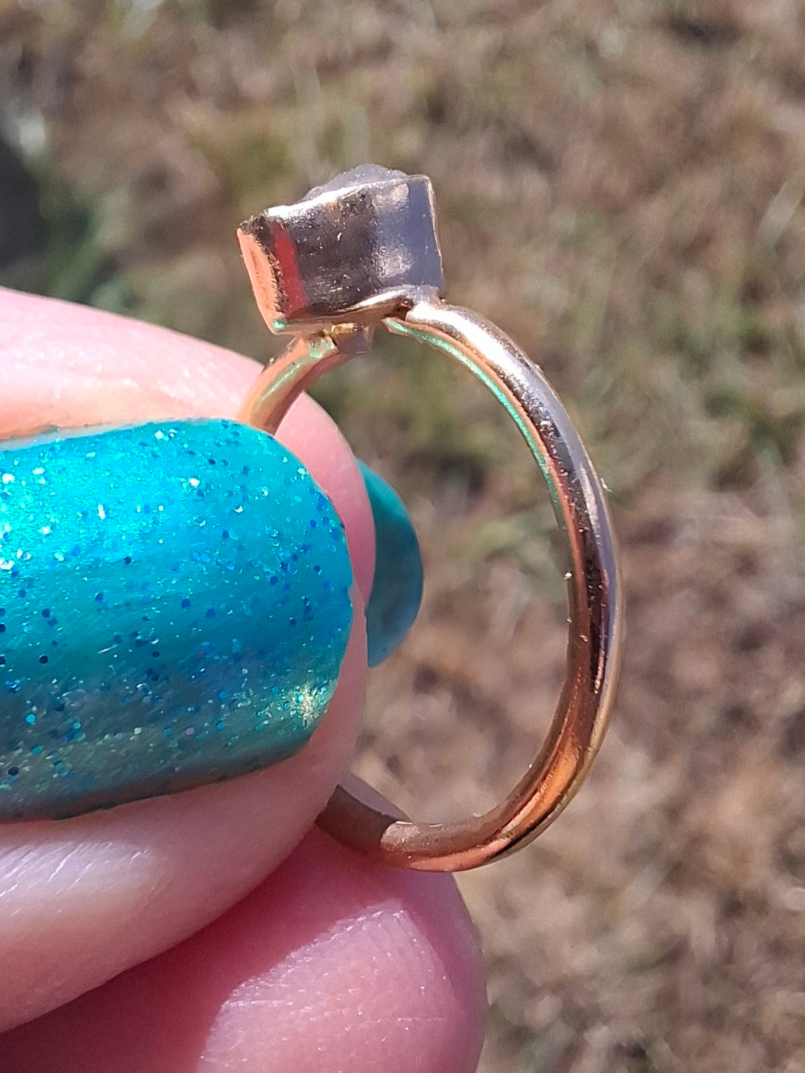 Moldavite Ring, 14K GOLD Plated, size large G / small H, Tektite (Ref: R334)