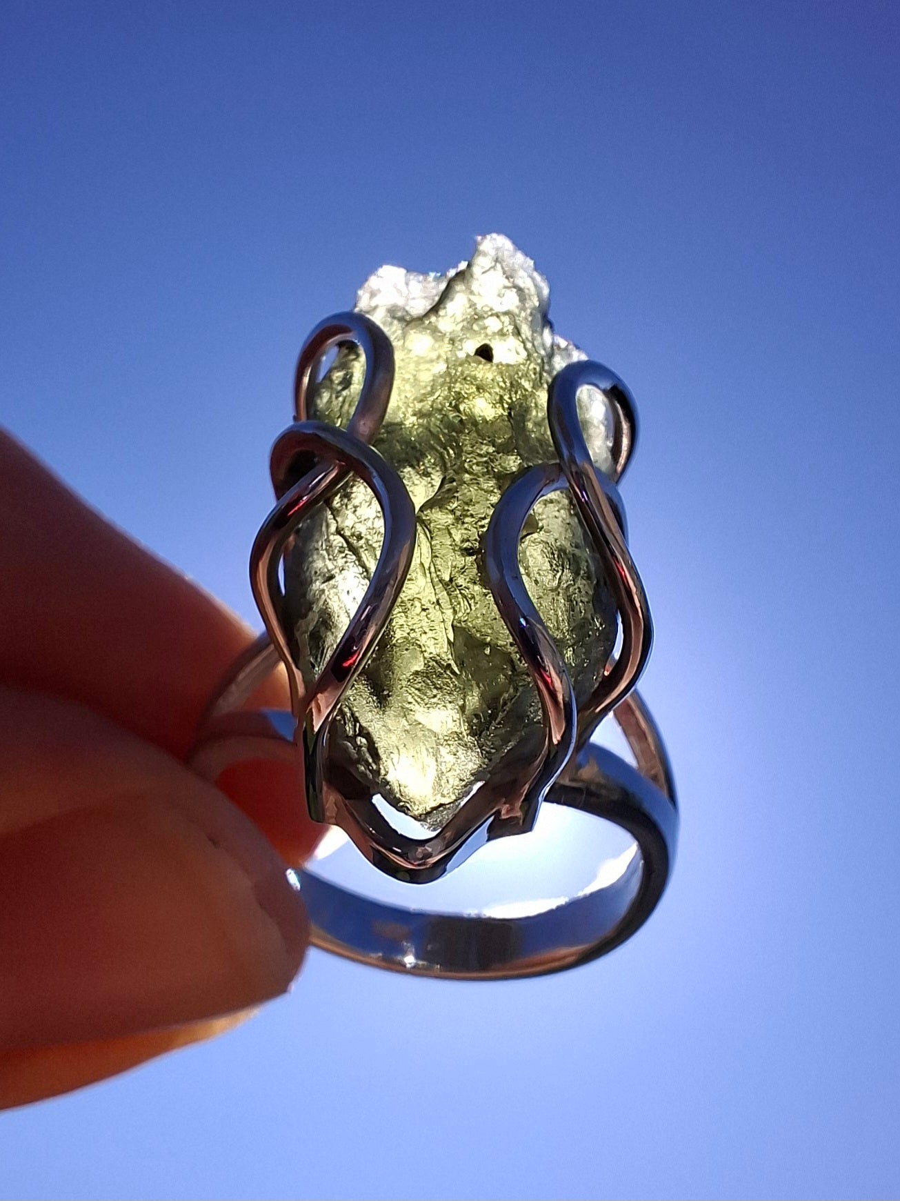 Moldavite Ring, size O, 925 Silver, Tektite (Ref: R8)